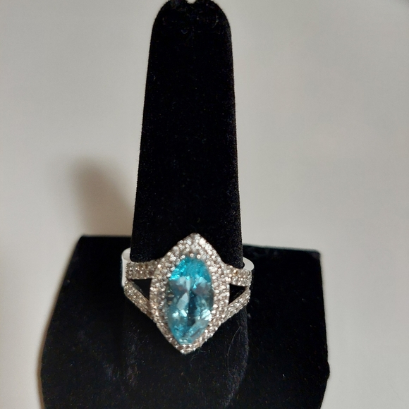 Vintage Sky Blue Topaz and White Zircon Sterling Silver Ring Size 10 - Picture 9 of 16